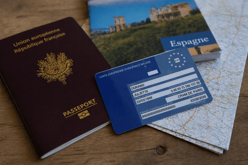 Éléments indispensables pour un voyage scolaire : passeport français, carte CEAM bleue et plan de route détaillé pour un séjour éducatif en Espagne sur une table en bois.